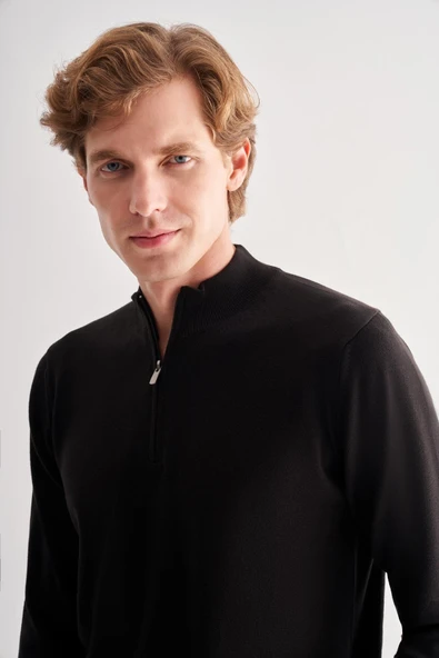 Siyah Fermuarlı Dik Yaka Uzun Kol Cepsiz Comfort Fit Classic Pamuklu Triko Kazak 1012255201 - 4