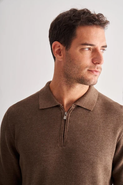 Kahverengi Fermuarlı Polo Yaka Uzun Kol Cepsiz Comfort Fit Casual Pamuklu Triko Kazak 1012255202 - 4