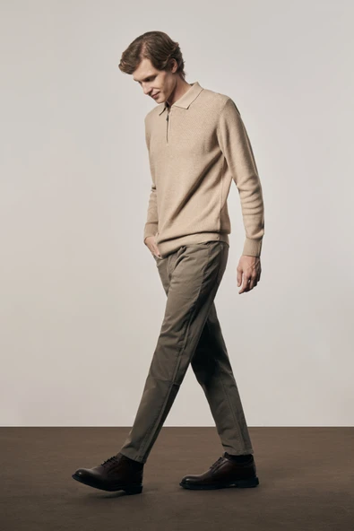 Koyu Bej Fermuarlı Polo Yaka Uzun Kol Cepsiz Comfort Fit Casual Pamuklu Triko Kazak 1012255202 - 3