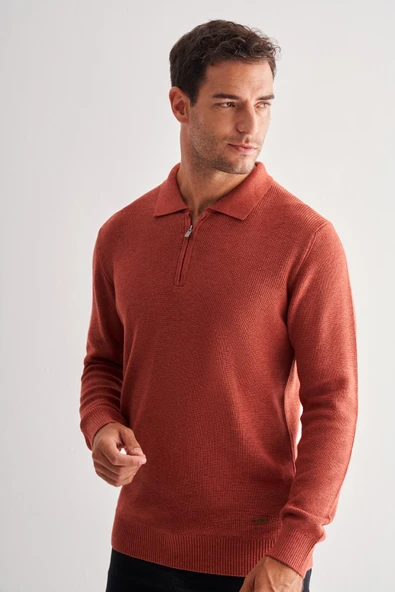 Kiremit Fermuarlı Polo Yaka Uzun Kol Cepsiz Comfort Fit Casual Pamuklu Triko Kazak 1012255202 - 3