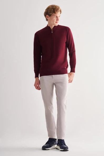 Bordo Fermuarlı Dik Yaka Uzun Kol Cepsiz Comfort Fit Classic Pamuklu Triko Kazak 1012255201 - 2