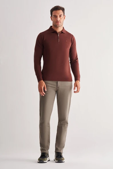 Taba Uzun Kol Fermuarlı Yaka Cepsiz  Slim Fit  Triko 1012255150 - 2