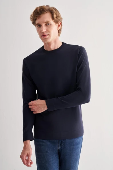 Lacivert Uzun Kol Bisiklet Yaka Cepsiz  Slim Fit  Triko 1012255151 - Resim 3