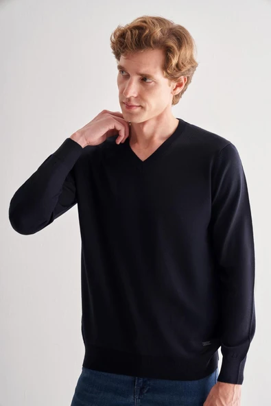 Koyu Lacivert V Yaka Uzun Kol Cepsiz Comfort Fit Classic Yünlü Triko Kazak 1012255002 - 3