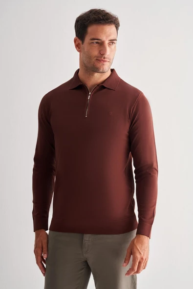 Taba Uzun Kol Fermuarlı Yaka Cepsiz  Slim Fit  Triko 1012255150 - 1