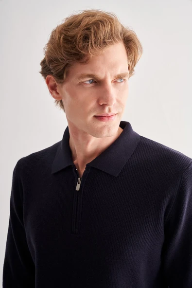 Koyu Lacivert Fermuarlı Polo Yaka Uzun Kol Cepsiz Comfort Fit Casual Pamuklu Triko Kazak 1012255202 - 4