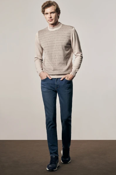 Bej Yarım Balıkçı Yaka Uzun Kol Cepsiz Comfort Fit Pamuklu Triko Kazak 1012255219 - 5