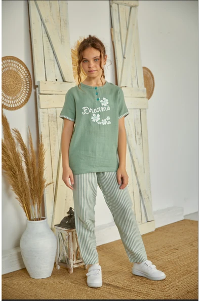Weweus Yeşil Kız Çocuk Düğmeli Pijama Takımı 804 - Resim 2