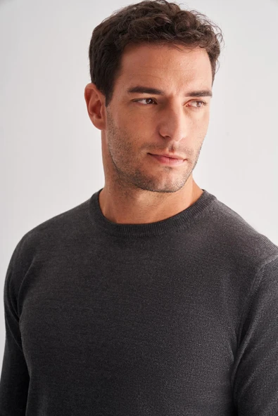 Füme Bisiklet Yaka Uzun Kol Cepsiz Comfort Fit Classic Pamuklu Triko Kazak 1012255206 - 4