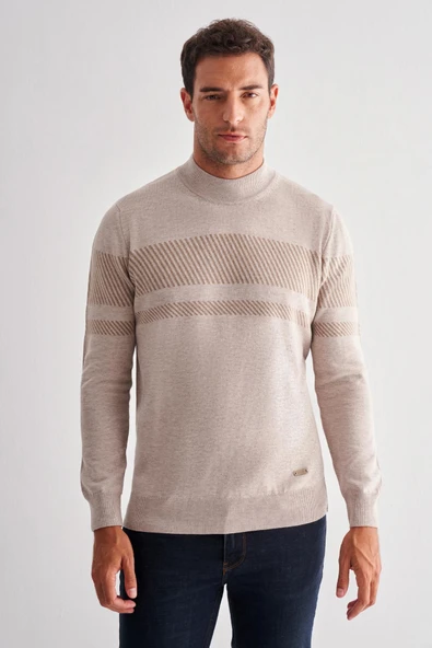 Bej Yarım Balıkçı Yaka Uzun Kol Cepsiz Comfort Fit Pamuklu Triko Kazak 1012255213 ürün görseli