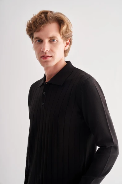 Siyah Polo Yaka Uzun Kol Cepsiz Comfort Fit Pamuklu Triko Kazak 1012255214 - 4