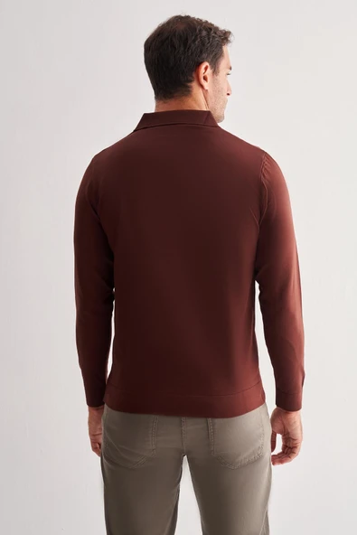 Taba Uzun Kol Fermuarlı Yaka Cepsiz  Slim Fit  Triko 1012255150 - 5