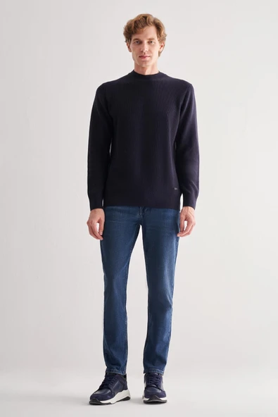 Koyu Lacivert Yarım Balıkçı Yaka Uzun Kol Cepsiz Comfort Fit Casual Pamuklu Triko Kazak 1012255203 - Resim 2