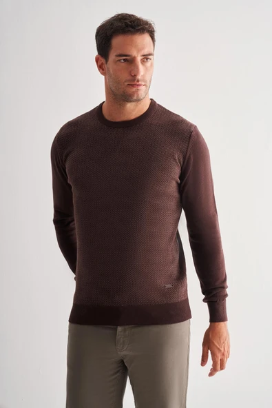 Koyu Kahverengi Bisiklet Yaka Uzun Kol Cepsiz Comfort Fit Pamuklu Triko Kazak 1012255216 ürün görseli