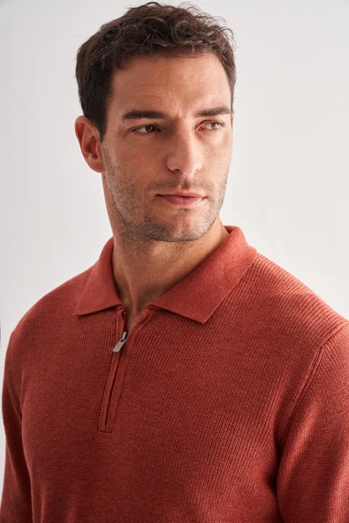 Kiremit Fermuarlı Polo Yaka Uzun Kol Cepsiz Comfort Fit Casual Pamuklu Triko Kazak 1012255202 - 4