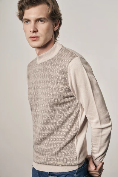 Bej Yarım Balıkçı Yaka Uzun Kol Cepsiz Comfort Fit Pamuklu Triko Kazak 1012255219 - 3