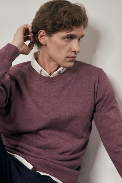 Gül Kurusu Bisiklet Yaka Cepsiz Comfort Fit Classic Pamuklu Triko Kazak 1012255006 - Resim 2