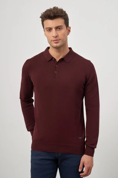 Bordo Uzun Kol Düz Örme Polo Yaka Classic Comfort Fit Triko 1012245007 - 5