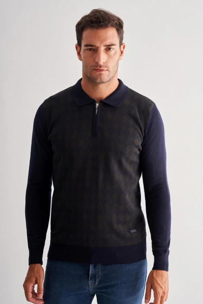 Koyu Lacivert Fermuarlı Polo Yaka Uzun Kol Cepsiz Comfort Fit Pamuklu Triko Kazak 1012255223