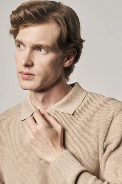 Koyu Bej Fermuarlı Polo Yaka Uzun Kol Cepsiz Comfort Fit Casual Pamuklu Triko Kazak 1012255202 - 4