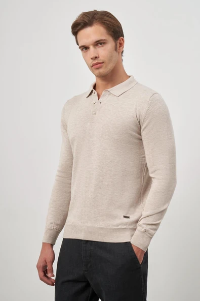 Açık Bej Uzun Kol Düz Örme Polo Yaka Classic Comfort Fit Triko 1012245007 - Resim 4