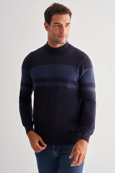 Koyu Lacivert Yarım Balıkçı Yaka Uzun Kol Cepsiz Comfort Fit Pamuklu Triko Kazak 1012255213 ürün görseli 1