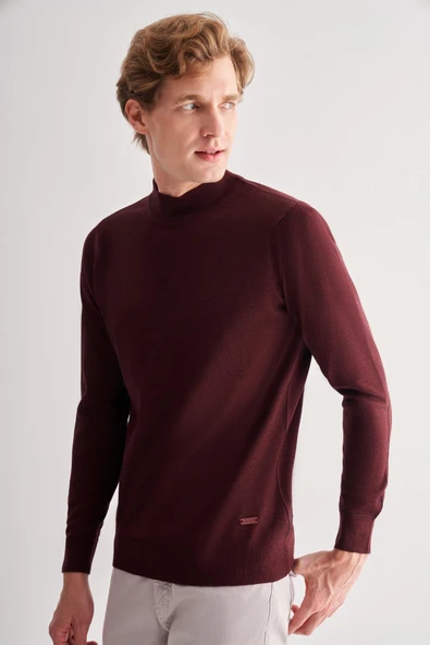 Bordo Yarım Balıkçı Yaka Cepsiz Comfort Fit Classic Pamuklu Triko Kazak 1012255001 - Resim 3