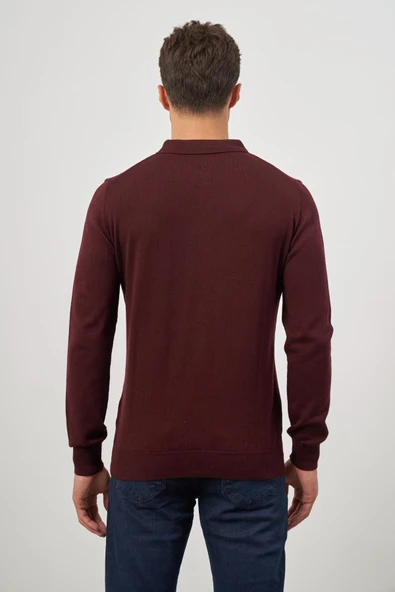 Bordo Uzun Kol Düz Örme Polo Yaka Classic Comfort Fit Triko 1012245007 - 7