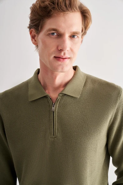 Açık Yeşil Fermuarlı Polo Yaka Uzun Kol Cepsiz Comfort Fit Casual Pamuklu Triko Kazak 1012255202 - 4