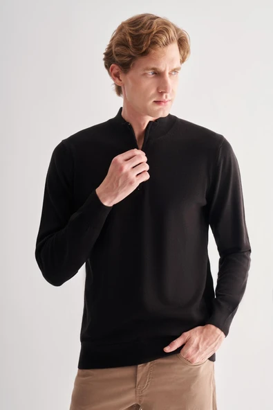 Siyah Fermuarlı Dik Yaka Uzun Kol Cepsiz Comfort Fit Classic Pamuklu Triko Kazak 1012255201 - 1