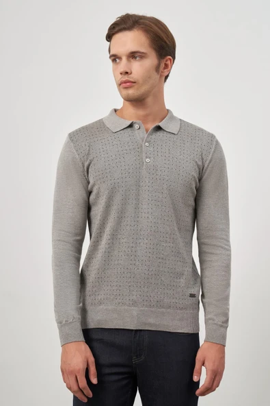 Taş Rengi Uzun Kol Kendinden Desenli Örme Polo Yaka Classic Comfort Fit Triko 1012245162 - 4