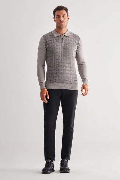 Açık Gri Fermuarlı Polo Yaka Uzun Kol Cepsiz Comfort Fit Pamuklu Triko Kazak 1012255223 - 2