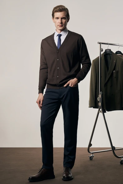 Koyu Kahverengi V Yaka Cepsiz Comfort Fit Classic Pamuklu Triko Hırka 1012255016 - 2