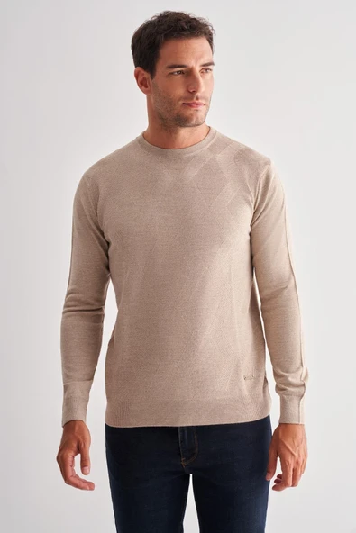 Açık Bej Bisiklet Yaka Uzun Kol Cepsiz Comfort Fit Classic Yünlü Triko Kazak 1012255207 ürün görseli