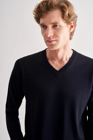 Koyu Lacivert V Yaka Uzun Kol Cepsiz Comfort Fit Classic Yünlü Triko Kazak 1012255002 - 4