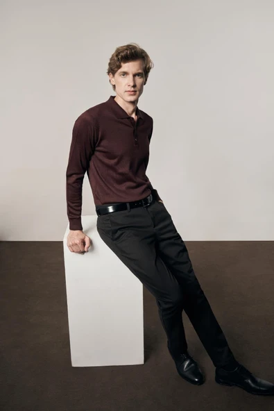 Bordo Polo Yaka Cepsiz Comfort Fit Classic Pamuklu Triko Kazak 1012255007 - 5