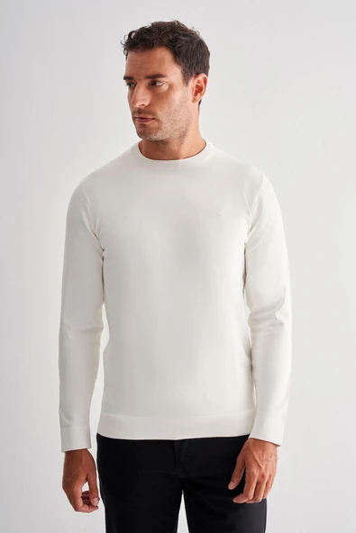 Ekru Uzun Kol Bisiklet Yaka Cepsiz  Slim Fit  Triko 1012255151 - Resim 3