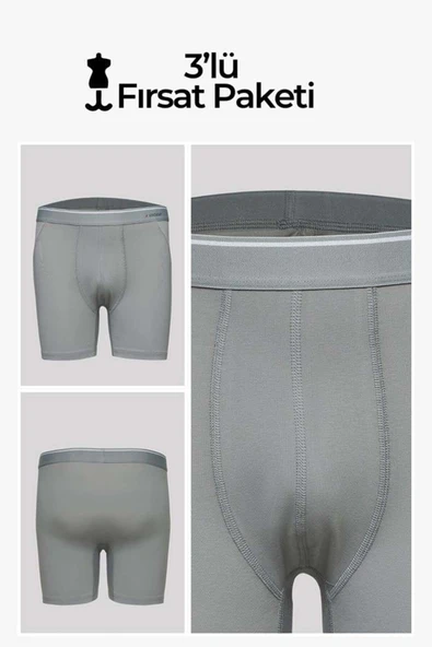 ERDEM İÇ GİYİM Erdem Gri 3'lü Pamuk Elastan Uzun Boxer 1470 - 1