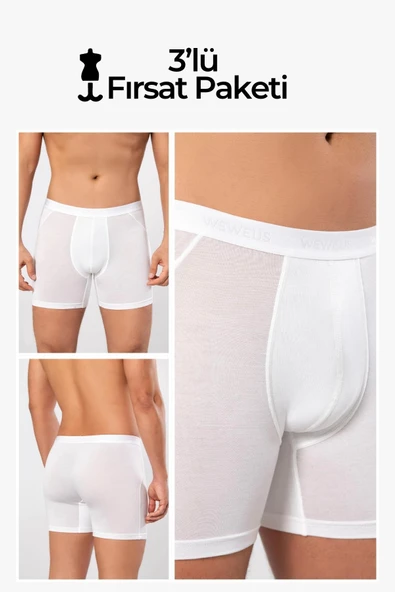 Weweus Beyaz 3'lü Micro Modal Premium Erkek Uzun Boxer 14193 - 1
