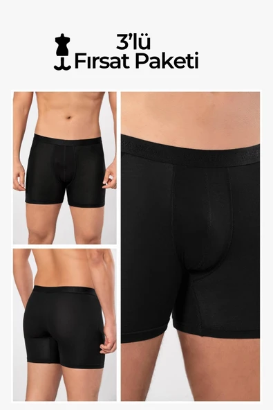 Weweus Siyah 3'lü Micro Modal Premium Erkek Uzun Boxer 14193 ürün görseli