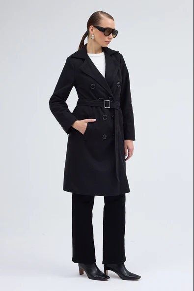 Aksesuarlı Kaşe Kaban Kemer Detaylı - 8