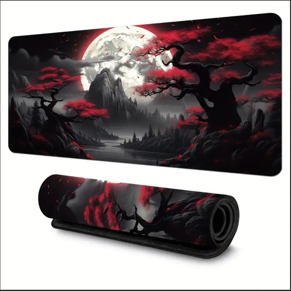 90X40 CM KARANLIK KIRMIZI AY TEMALI KAYDIRMAZ TABAN SPEED YÜZEY OYUNCU MOUSE PAD GAMİNG ürün görseli 1