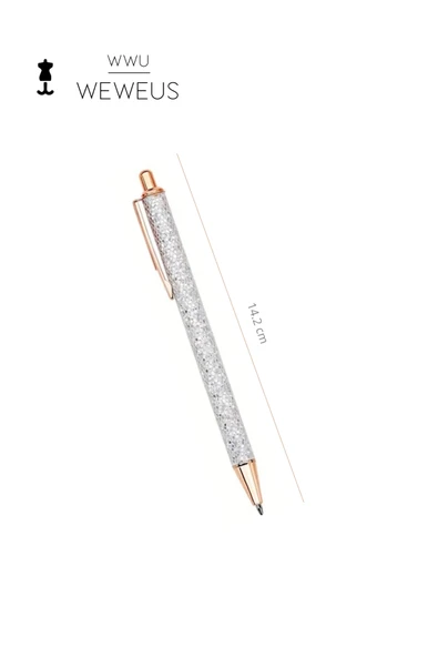 Weweus Beyaz Rose Detaylı Acık Gri Simli Lüks Tükenmez Kalem - Resim 4
