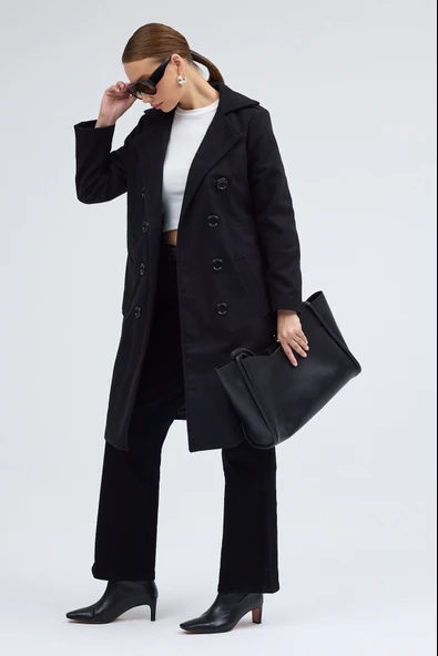 Aksesuarlı Kaşe Kaban Kemer Detaylı - 4