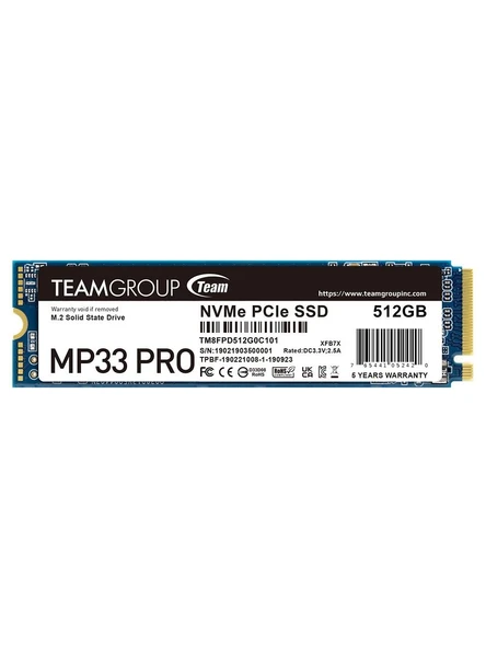 Team MP33 Pro 512GB 2400/2000MB/s NVMe PCIe Gen3x4 M.2 SSD Disk - 1
