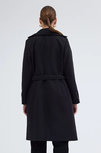 Aksesuarlı Kaşe Kaban Kemer Detaylı - 6