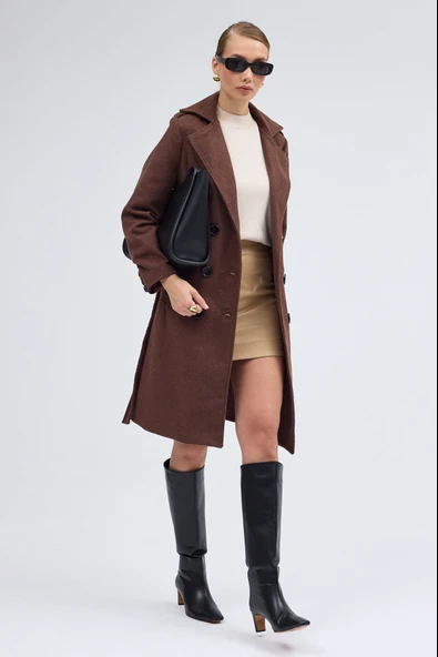 Kemer Detaylı Aksesuarlı Kaşe Kaban - 6