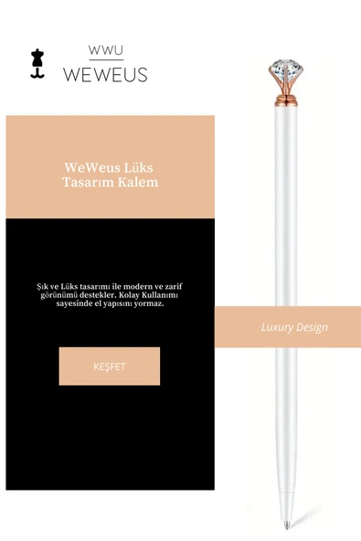 Weweus Beyaz Rose Detaylı Mini Kristal Şekil Lüks Tükenmez Kalem - Resim 3