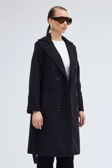 Aksesuarlı Kaşe Kaban Kemer Detaylı