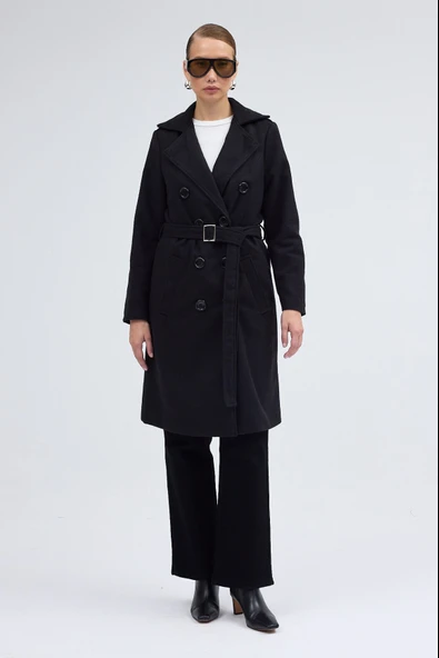 Aksesuarlı Kaşe Kaban Kemer Detaylı - 7